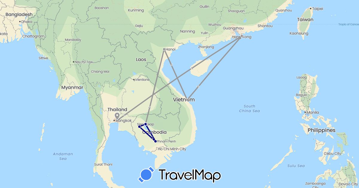 TravelMap itinerary: driving, plane in China, Cambodia, Thailand, Vietnam (Asia)